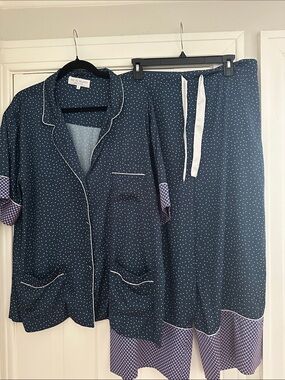Bed to Brunch Navy Polka Dot Two-Piece Pajama Set with Contrast Trim